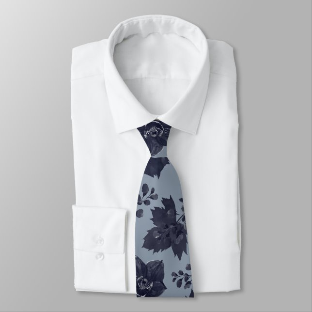 Navy Peony Dusty Blue Elegant Wedding Neck Tie (Tied)