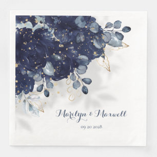 Navy Peony Eucalyptus Gold Splatter Floral Shadow Napkin