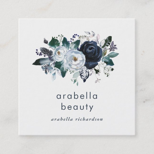 Navy Peony Floral | Social Media Icons Square Business Card (Front)