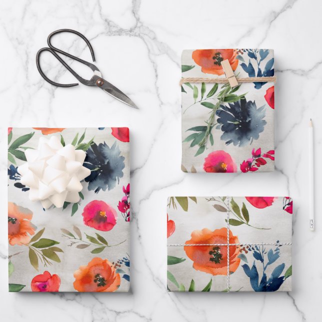 Navy Peony Pink Orange Poppy Garden Wrapping Paper Sheet (Front)