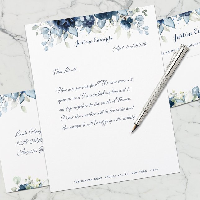 Navy Peony Silver Dusty Blue Eucalyptus Greenery Custom Letterhead (Creator Uploaded)
