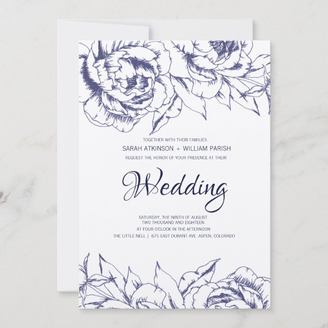 Navy Peony Simple Wedding Invitation (Front)