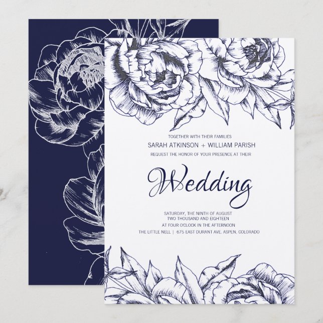 Navy Peony Simple Wedding Invitation (Front/Back)