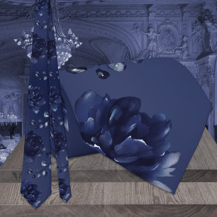 Navy Peony Watercolor Wedding Tie