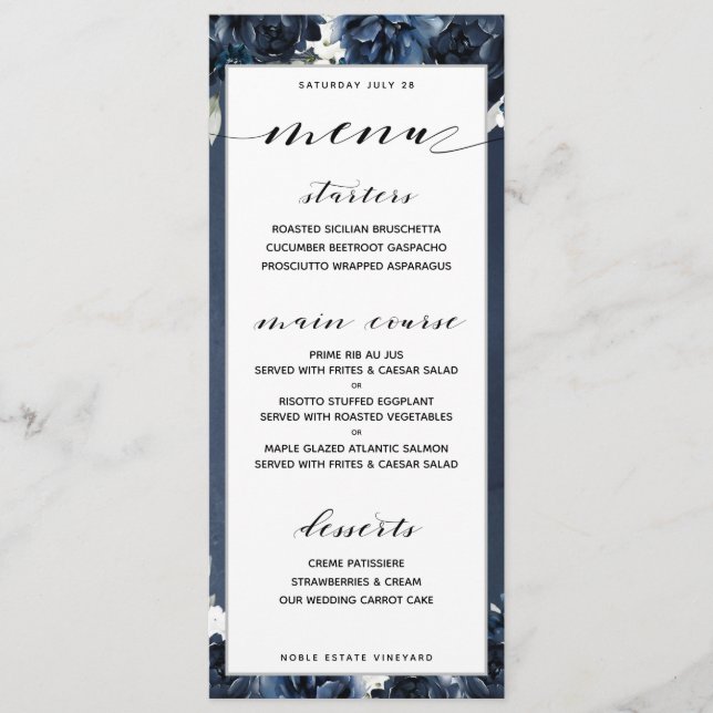 Navy Peony Wedding Customisable Dinner Menu (Front)