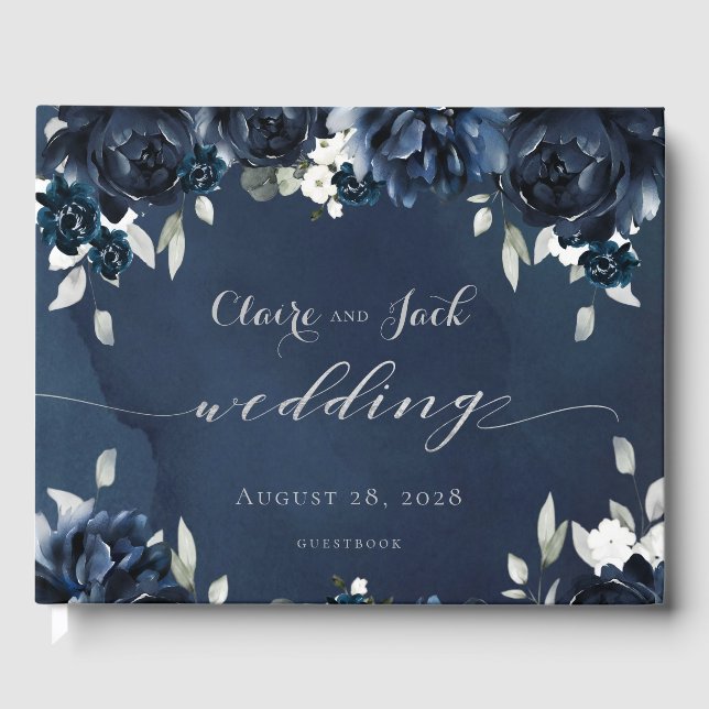 Navy Peony Wedding Guest Book (Front)