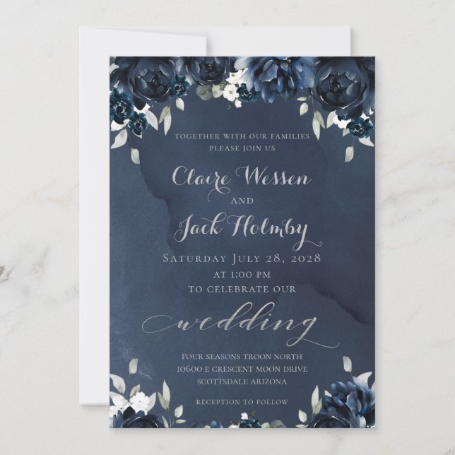 Navy Peony Wedding Invitation (Front)