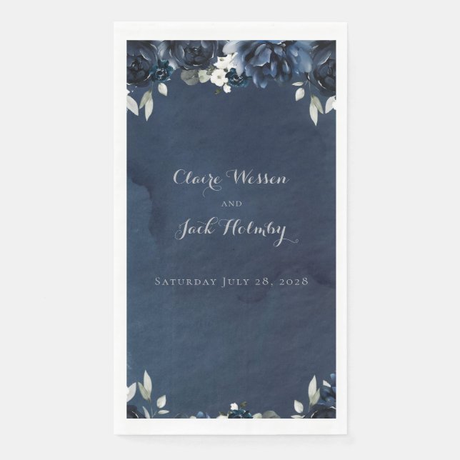 Navy Peony Wedding Long 3 Ply Dinner Napkins (Front)
