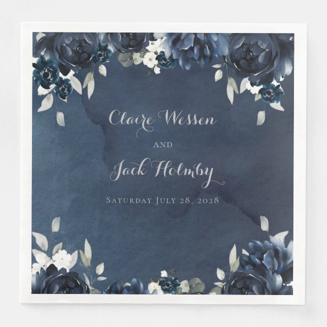 Navy Peony Wedding Square 8" Dinner Napkins (Front)