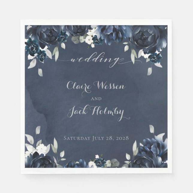 Navy Peony Wedding Square Luncheon Napkins (Front)