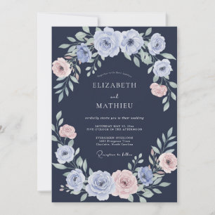 Navy Periwinkle Ranunculus Eucalyptus Wedding Invitation