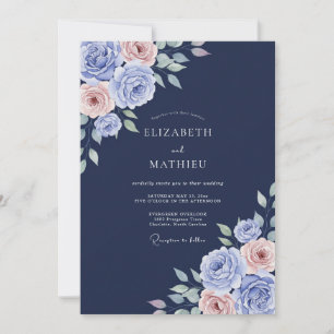 Navy Periwinkle Rose Wedding Invitation