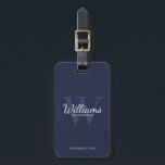 Navy Personalise Groomsmen's name and Monogram  Luggage Tag<br><div class="desc">Add a personal touch to your wedding with personalised groomsmen luggage tag. This luggage tag features personalised groomsman's name in white classic script font style with wedding details in white classic serif font style and monogram in light navy blue classic serif font style as background, on navy blue background. Also...</div>