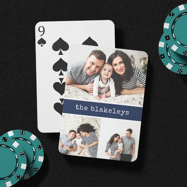 Navy | Personalised Family Name 3 Photo Collage Playing Cards (Creator Uploaded)