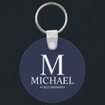 Navy Personalised Groomsman Name and Monogram Key Ring<br><div class="desc">Modern Black and White Personalised Groomsman Gifts
featuring personalised monogram,  groomsman's name and title in white classic serif font style on navy blue background.

Also perfect for Best Man,  Father of the Bride and more.</div>