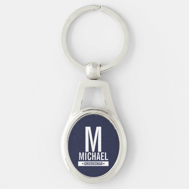 Navy Personalised Groomsman's Monogram and Name Key Ring (Front)