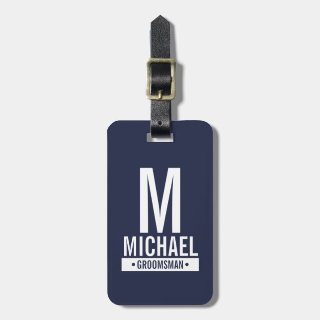 Navy Personalised Groomsman's Monogram and Name Luggage Tag (Front Vertical)