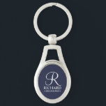 Navy Personalised Groomsman's Name and Monogram Key Ring<br><div class="desc">Elegant Black and White Personalised Groomsman Gifts featuring personalised monogram in white elegant script font style with groomsman's name and title in classic serif font style on navy blue background. Also perfect for best man, father of the bride, bridesmaid, maid of honour, flower girl, mother of the bride and more....</div>
