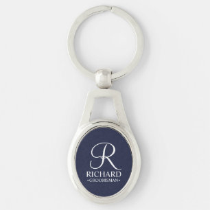 Navy Personalised Groomsman's Name and Monogram Key Ring