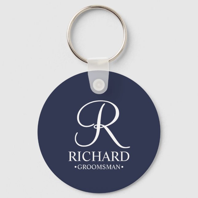 Navy Personalised Groomsman's Name and Monogram Key Ring (Front)