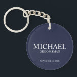 Navy Personalised Groomsman's Name and Monogram Key Ring<br><div class="desc">Modern Personalised Groomsman Gifts
featuring personalised groomsman's name,  title and wedding date in white classic serif font style on navy blue background.

Also perfect for Best Man,  Father of the Bride and more.</div>