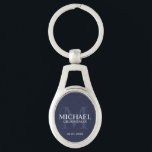 Navy Personalised Groomsmen's name and monogram Key Ring<br><div class="desc">Add a personal touch to your wedding with personalised groomsmen keychain. This keychain features personalised groomsman's name with title and wedding date in white and monogram in light navy blue as background, in classic serif font style, on navy blue background. Also perfect for best man, father of the bride, ring...</div>
