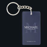 Navy Personalised Groomsmen's name and monogram Key Ring<br><div class="desc">Add a personal touch to your wedding with personalised groomsmen keychain. This keychain features personalised groomsman's name with title and wedding date in white and monogram in light navy blue as background, in classic serif font style, on navy blue background. Also perfect for best man, father of the bride, ring...</div>