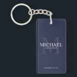 Navy Personalised Groomsmen's name and monogram Key Ring<br><div class="desc">Add a personal touch to your wedding with personalised groomsmen keychain. This keychain features personalised groomsman's name with title and wedding date in white and monogram in light navy blue as background, in classic serif font style, on navy blue background. Also perfect for best man, father of the bride, ring...</div>