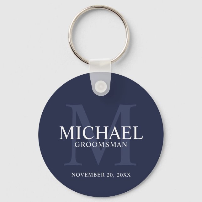Navy Personalised Groomsmen's name and monogram Key Ring (Front)