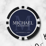 Navy Personalised Groomsmen's name and monogram Poker Chips<br><div class="desc">Add a personal touch to your wedding with personalised groomsmen poker chips. This design features personalised groomsman's name with title and wedding date in white and monogram in light navy blue as background, in classic serif font style, on navy blue background. Also perfect for best man, father of the bride...</div>