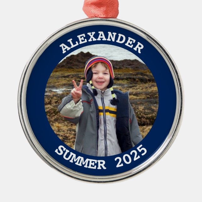 Navy Personalised Round Family Photo Metal Tree Decoration (Front)