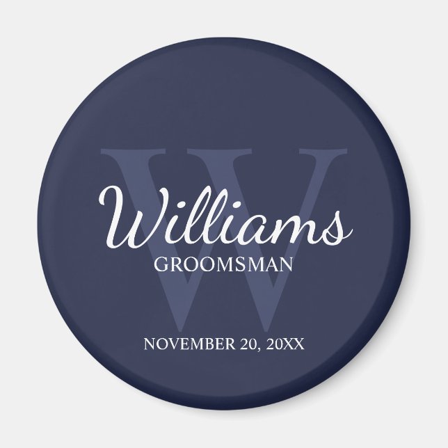 Navy Personalised Script Groomsmen Name&Monogram Magnet (Front)
