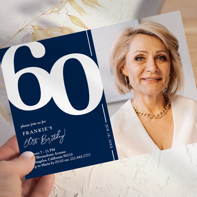 Navy Photo 60th Birthday Invitation (Creator Uploaded)