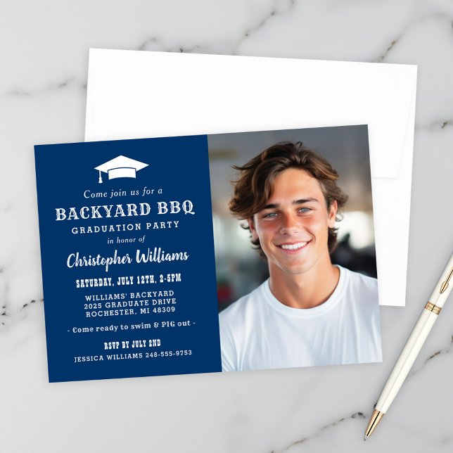 Navy Photo Backyard BBQ Graduation Party Invitation (Creator Uploaded)