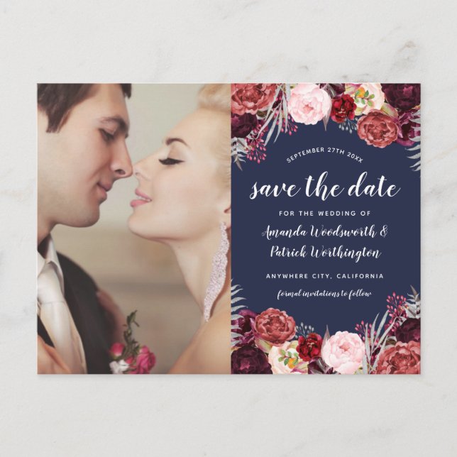 Navy Photo Marsala Blush Peony Save The Date Cards (Front)