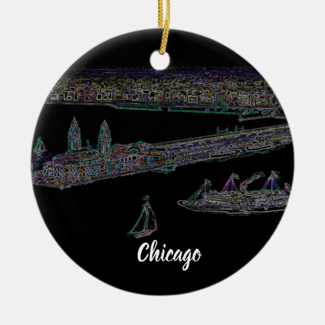 Navy Pier Chicago 1920's NEON  Art Windy City Ceramic Tree Decoration (Front)