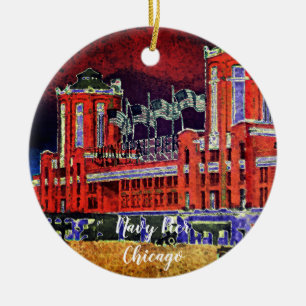 Navy Pier Chicago 1920's Watercolor Art Windy City Ceramic Tree Decoration