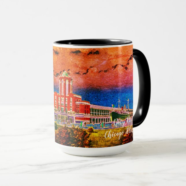 Navy Pier Chicago 1920's Watercolor Art Windy City Mug (Front Right)