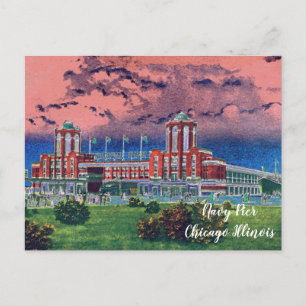 Navy Pier Chicago 1920's Watercolor Art Windy City Postcard