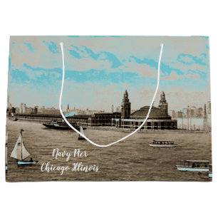 Navy Pier From Lake Chicago 1920's Watercolor Art Large Gift Bag