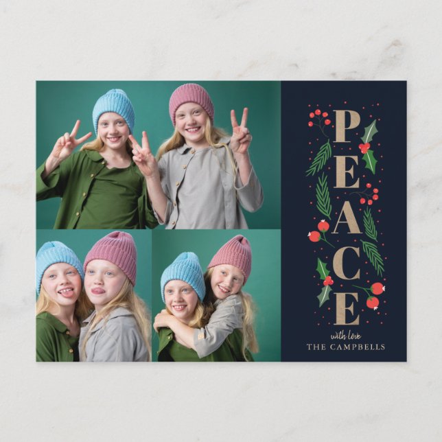 Navy Pine Holly Berries Gold Peace Multiple Photo Holiday Postcard (Front)