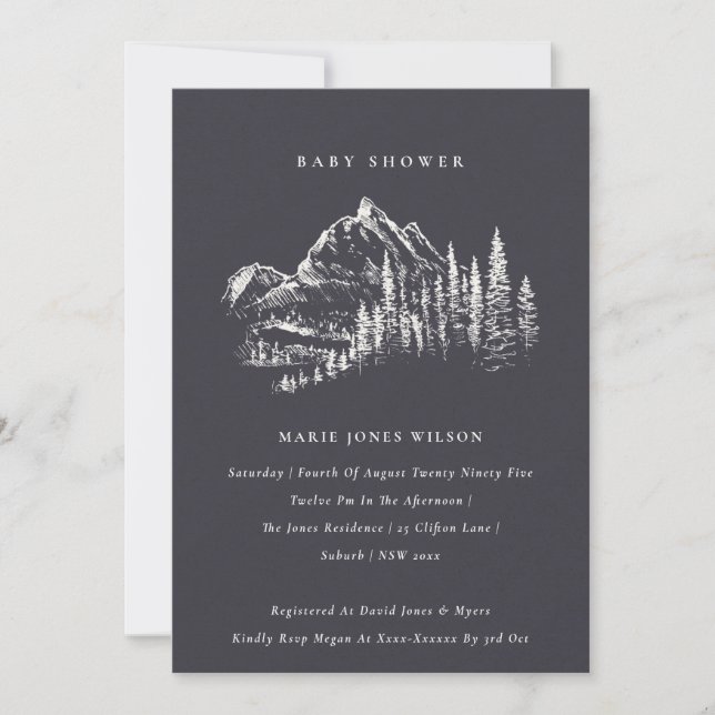 Navy Pine Mountain Sketch Baby Shower Invite (Front)