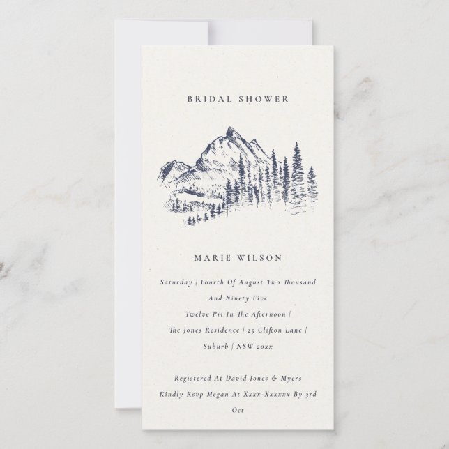 Navy Pine Mountain Sketch Bridal Shower Invite (Front)