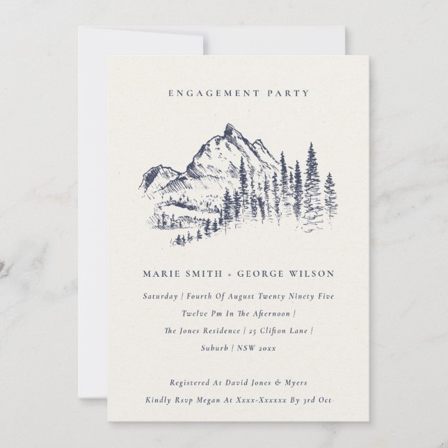 Navy Pine Woods Mountain Sketch Wedding Engagement Invitation (Front)