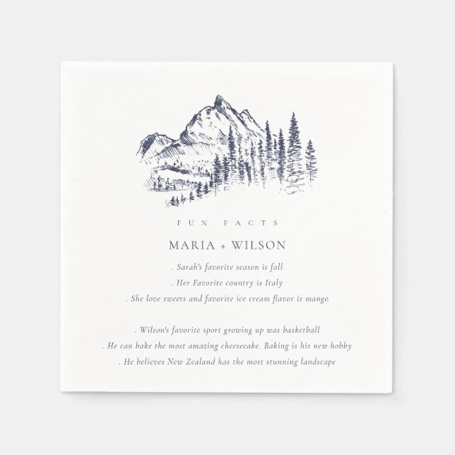 Navy Pine Woods Mountain Sketch Wedding Fun Facts Napkin (Front)