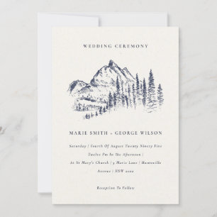 Navy Pine Woods Mountain Sketch Wedding Invite