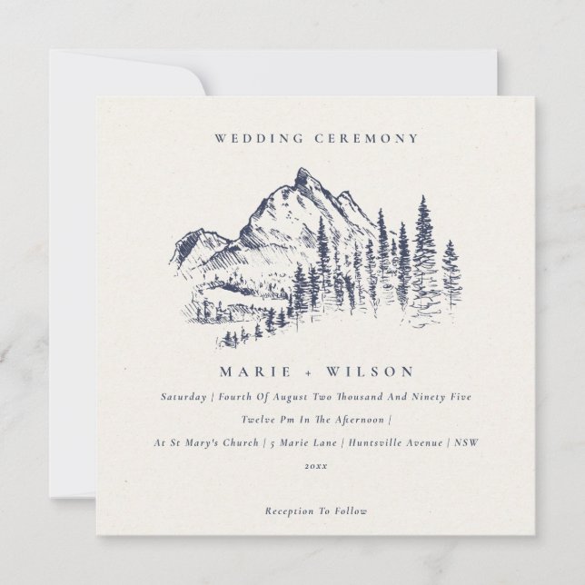 Navy Pine Woods Mountain Sketch Wedding Invite (Front)