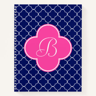 Navy Pink and White Quatrefoil Monogram Notebook