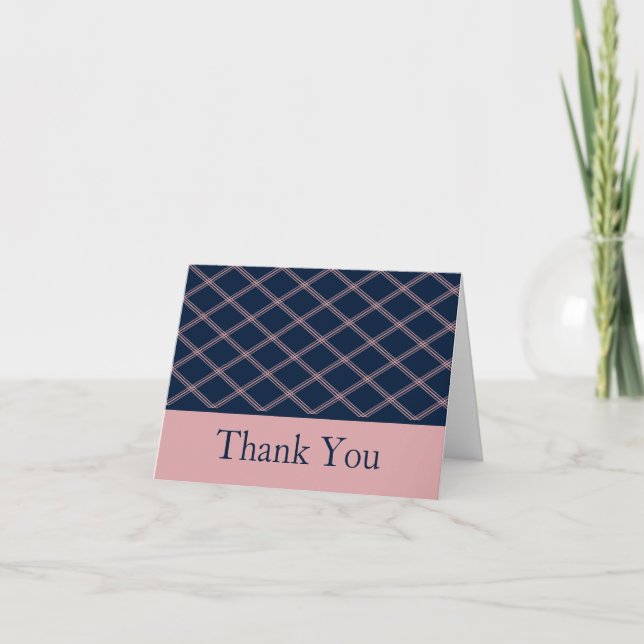 Navy & Pink Art Deco Line Art Diamonds Thank You Card (Front)