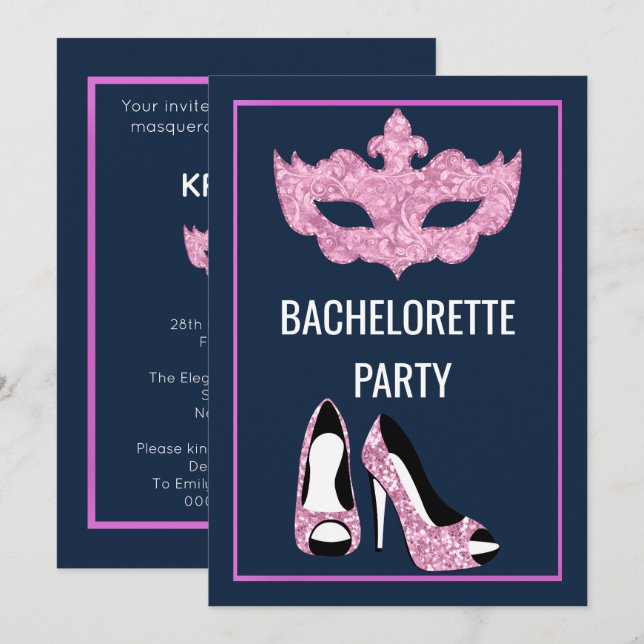 NAVY PINK BACHELORETTE HEELS MASQUERADE PARTY INVITATION (Front/Back)